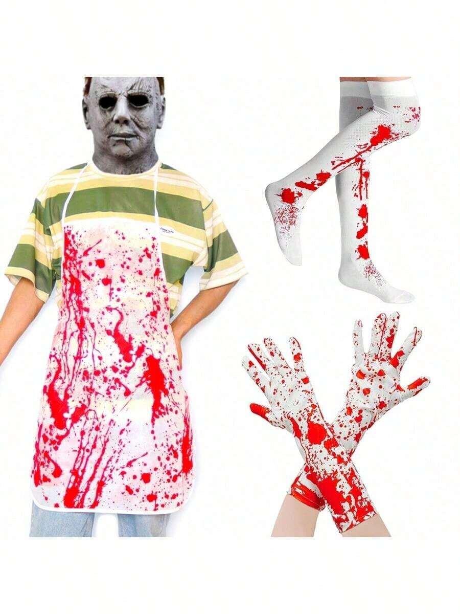 5pcs/Set Halloween Party Decoration Bloody Gloves, Bloody Print Socks, Apron, Cosplay Costume Props - Multicolor - View 1