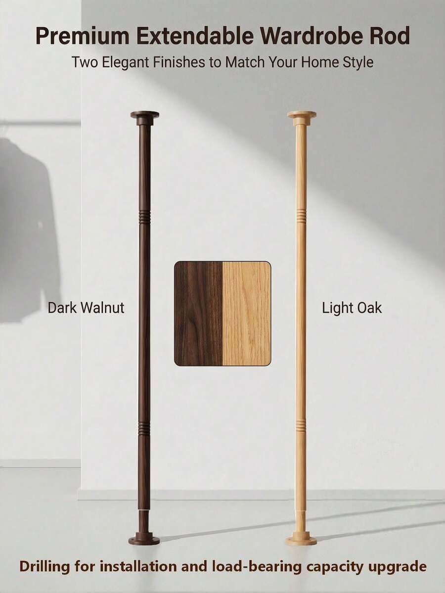 Telescopic Wardrobe Support Rod, Drilled Fixed Heavy Duty Wood Grain Closet Hanging Rod, Wall-Mounted Reinforced Expandable Clothes Support Bar, High Load Capacity Extendable Closet Storage Rod, Suitable For Wardrobe And Cabinet - Drilling - View 1