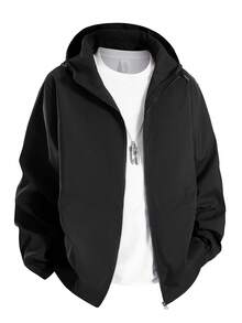 1pc Men's Black Hooded Jacket, Suitable For Casual And Office Wear - Black - View 3