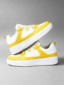 Women's Yellow & White Sneakers, Lightweight Lace-Up Casual Shoes For Everyday Errands, Dog Walking, Gardening, Picnic, Budget-Friendly Footwear - 黃色 - 查看 2