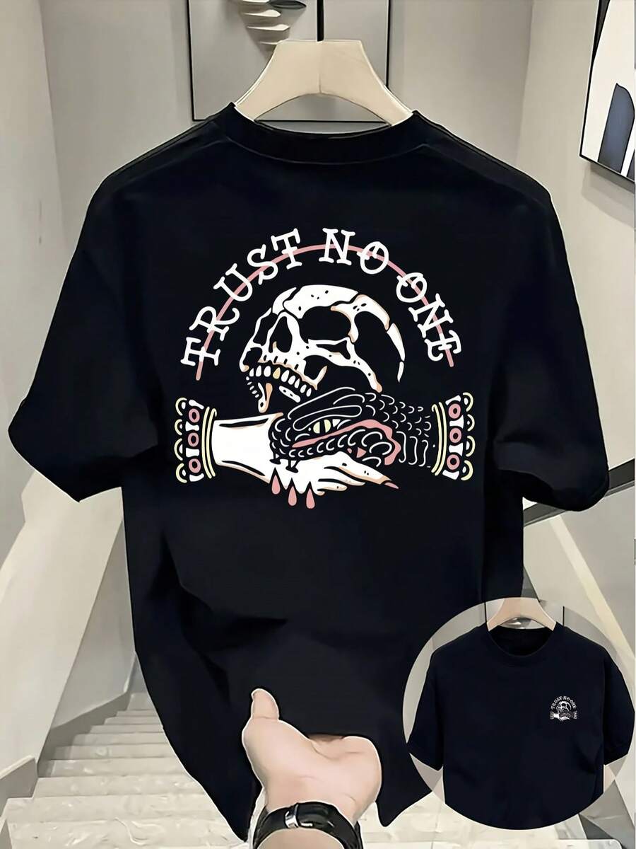 Camiseta Casual de Verano para Hombre, Cuello Redondo Acanalado, Manga Corta, Tejido de Punto, Fresca y Cómoda, Estampado de "Serpiente" en Ambos Lados en la Parte Delantera y Trasera, Adecu - Negro - Ver 1