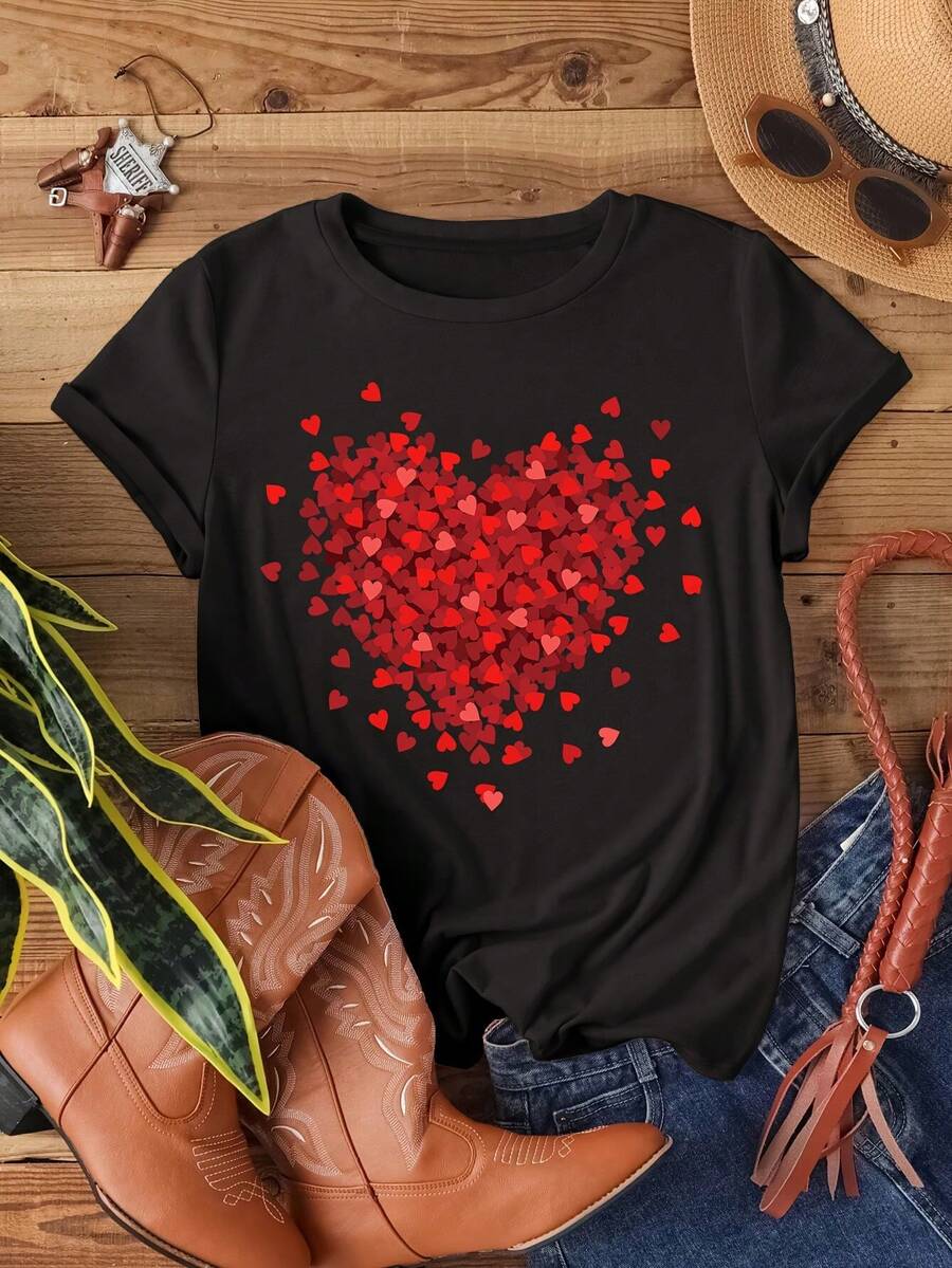 Playera con cuello redondo y estampado de corazones, top casual con mangas cortas para primavera y verano, ropa de mujer