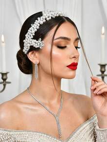 1pc Elegant Faux Pearl Bridal Headband For Women, Suitable For Wedding Party - Silver - View 3