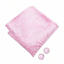 5Pcs Pink Paisley Jacquard Men Accessory Set, Bow Tie Pocket Square Cufflinks Brooch Detachable Ring, Random Cufflink Patterns, For Wedding - Pink - View 4