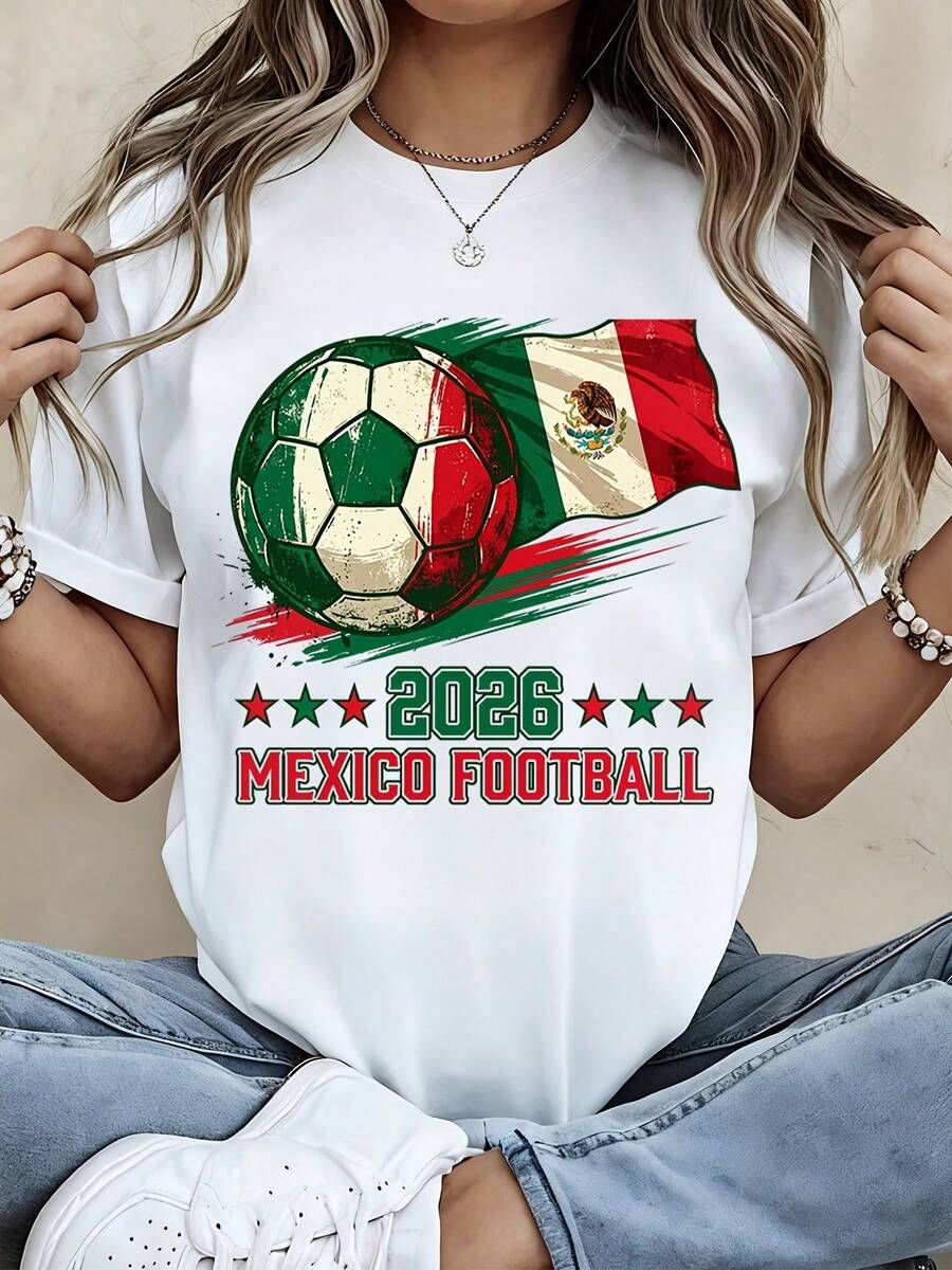 Camiseta de Fútbol de México 2026 con Diseño de Balón y Bandera para Eventos Deportivos y Uso de Aficionados, Blusas Casuales para Dama - Blanco - Ver 1