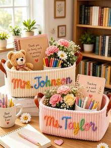 1pc Personalized Corduroy Storage Basket, Customized Embroidered Teacher Appreciation Gift Basket, Back To School Teacher Gift, Customized Classroom Organizer Bin, Unique Female Teacher Gift Basket, Customized Text Teacher Gift Basket - Multicolor - View 4