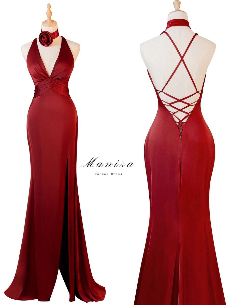 Vintage Burgundy Valentine's Day Backless Slit Sexy Bridesmaid Dress, Sister Party Wedding Season Dress - Burgundy - View 1