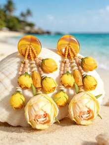 Handmade Pink Fabric Rose Bud Tassel Earrings, Summer Beach Vacation Style Marble Pattern Resin Disc Multi-Layer Mixed Bead Pendant Exaggerated Earrings, For Women - Multicolor 2 - View 6