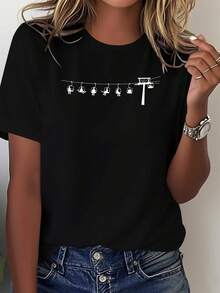 Respirable Ilustración minimalista del sistema de remonte de esquí, camiseta cómoda de algodón puro para mujer,100 % algodón,blusas para mujer - Negro - Ver 1