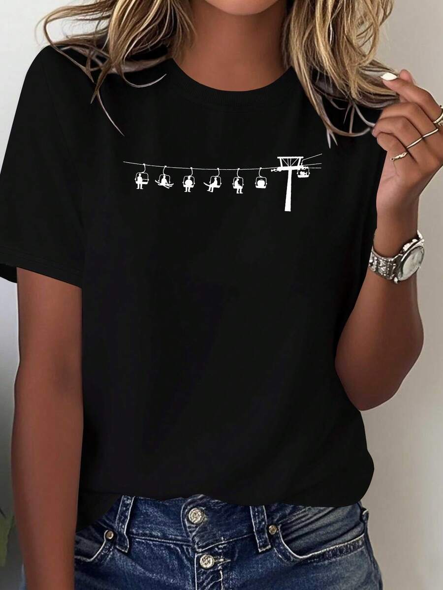 Respirable Ilustración minimalista del sistema de remonte de esquí, camiseta cómoda de algodón puro para mujer,100 % algodón,blusas para mujer - Negro - Ver 1