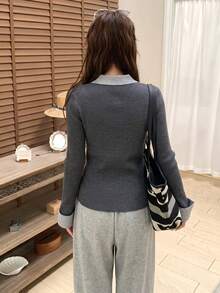Y6Y Sweater Rajut Lengan Panjang Patchwork Blok Warna Musim Semi Wanita, Atasan Lapisan Dalam 2 In 1 dengan Kerah Niche - Grey - View 2