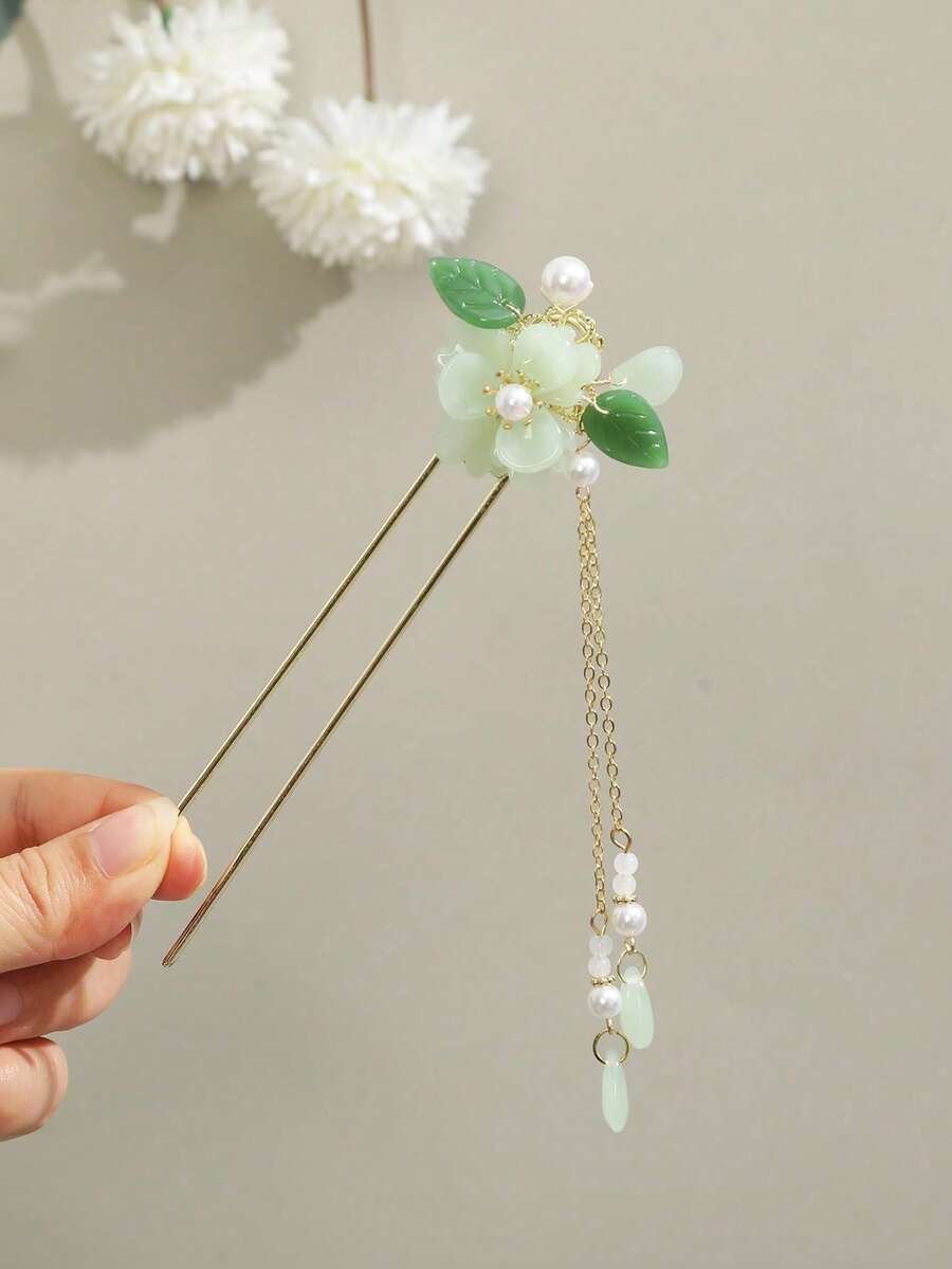 1pc Elegant Peony Flower Pearl Tassel Hair Stick, Daily/Banquet Updo Hair Accessory - Multicolor - View 1