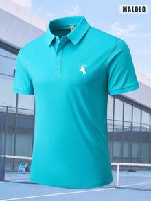 Classic Turquoise Short Sleeve Polo Shirt For Men White Embroidered Horse Logo, Casual Versatile Top For Everyday Daily Outings Sports - Cadet Blue - View 4