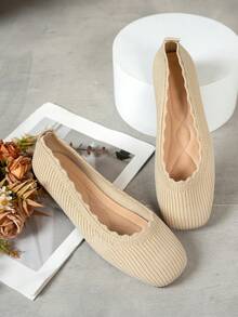Beige Women's Vertical Striped Wavy Edge Square Toe Flat Ballet Shoes, Fashionable Design Versatile Slip-On Shoes, Suitable For All Seasons - Beige - View 1