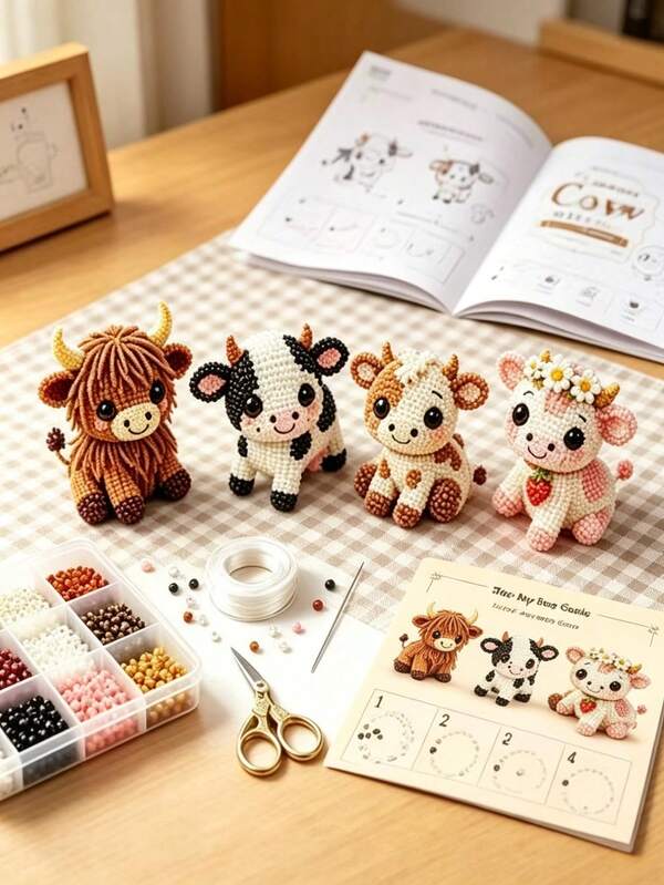 1set Cute Cow Bead Art DIY Kit, 4PCS Animal Beading Craft Set, Handmade Ornament Making Kit, Creative Gift For Craft Lovers & DIY Enthusiasts. Halloween And Christmas Gifts. Autumn Decorations