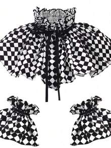 Black White Checkered Ruffle Detachable Collar & Cuffs Set, Harlequin Clown Costume Fashion Layering Accessory - Black - View 4