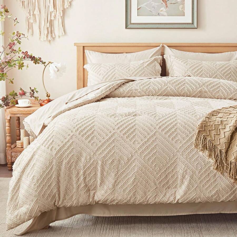 Zzlpp - 7 Piece Complete Duvet Set, Cream Tufted Bed In A Bag With Duvet And Sheets, All Season Boho Bedding Set With 1 Duvet, 2 Decorative Pillowcases, 2 - 01-米色 - 查看 1