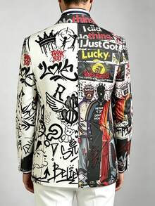 1pc Men's White Base Contrast Color Graffiti Cartoon All-Over Print Long Sleeve Notch Lapel Blazer - White - View 6