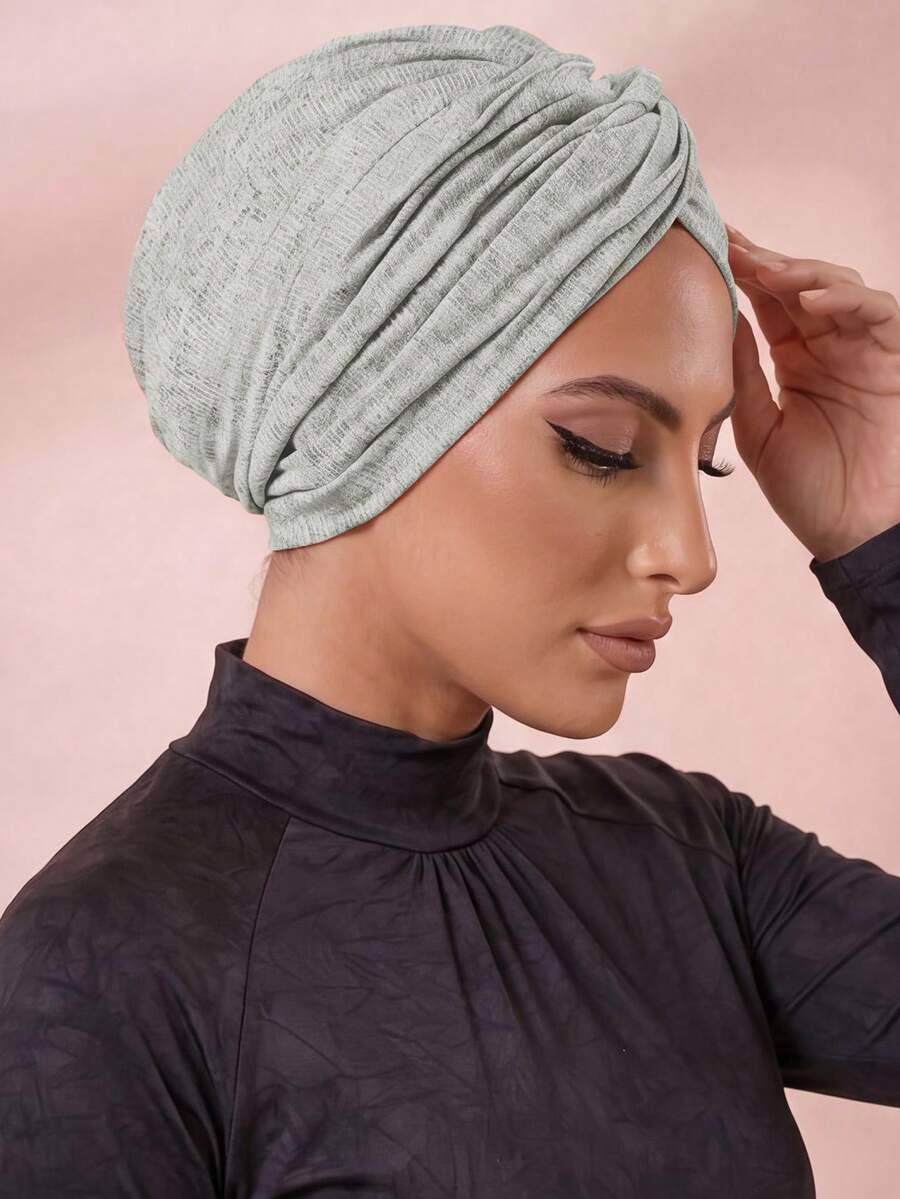 1pc Muslim Women Twist Knit Turban, Breathable Semi-Sheer Knit Hijab Cap, Lightweight Modest Solid Head Wrap For Daily Prayer Casual