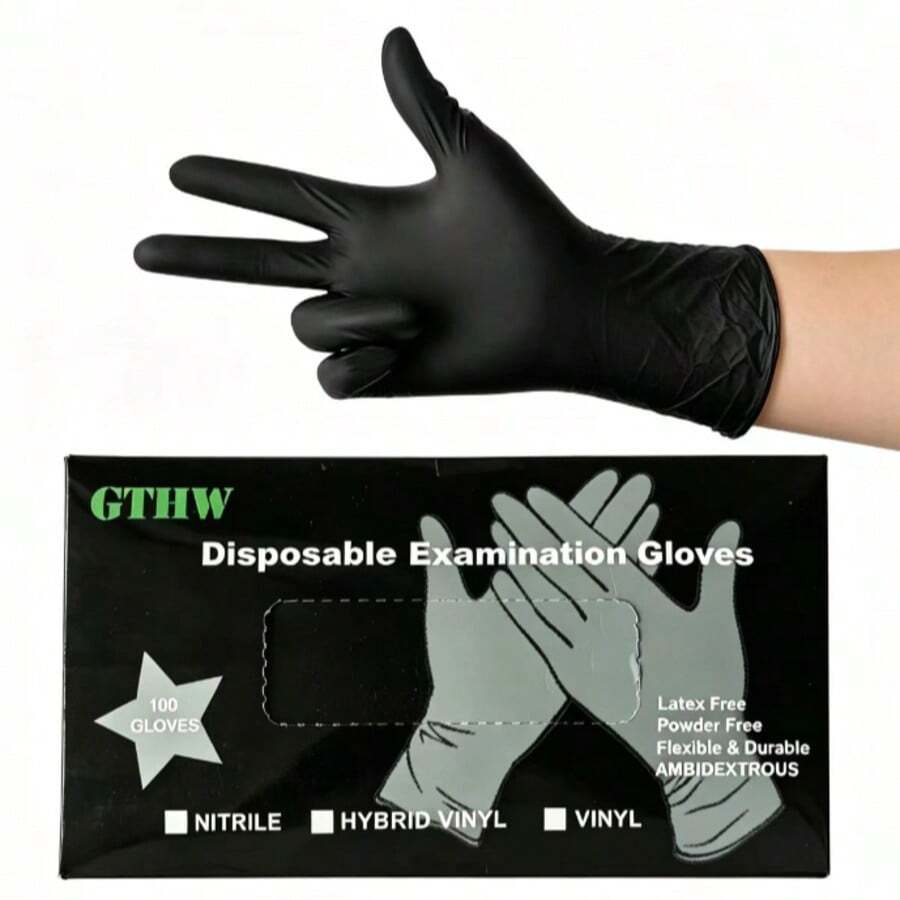 (100PCS Dispenser Box) Black Disposable PVC Gloves - Durable Waterproof, Powder-Free Latex-Free, Frosted Fingertips High Fit - Suitable For Kitchen, Cleaning, Tattoo, Pet Care, Hand Painting, Car And Household Multi-Functional Design Fashionable Cleaning Gloves
