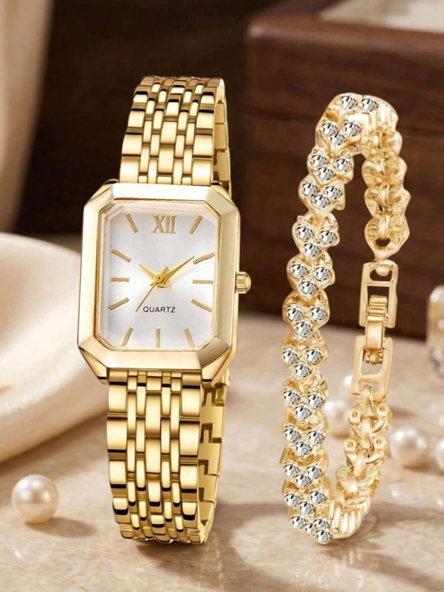 2件/1件女款金色手錶與手鍊套組,復古方形極簡白色錶盤配羅馬數字,不鏽鋼金屬錶帶,附配對心形水鑽手鍊,優雅知性,適合通勤與約會,女友、好友畢業或週年禮物 - 金色 - 查看 1
