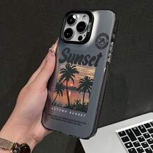 1pc Black Frame Large Window Metal Silver Sunset Coconut Tree Vintage English Film Full Coverage Shockproof Phone Case, Ins American Island Vacation Gentle Unisex Commute Niche Gift Protective Cover, Compatible With IPhone17/17Pro/17ProMax/16/11/16Plus/16ProMax/16e/15ProMax/13/14/12/14ProMax/12ProMax/13ProMax/12Pro/13Pro/14Pro - Black Frames, Matte Gray - View 5