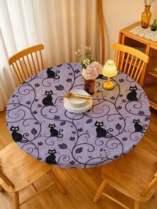 1pc Halloween Cat Milk Silk Polyester Elastic Tablecloth, Purple Washable Dining Tablecloth For Home Dining Room, Living Room, Kitchen Decoration, Suitable For Anniversary, Birthday Gift And Other Occasions - Multicolor - View 6