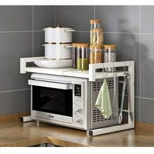 1pc Adjustable Heavy Duty Carbon Steel Kitchen Storage Rack And Microwave Oven Stand, Suitable For PC. Space-Saving Carbon Steel Structure. Kitchen, Pantry. Home Chef Assistant. Rust-Proof Material. Apartment Living. - Multicolor - View 12