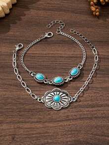 2pcs/Set Western Cowboy Vintage Oval Flower Chain Bracelet, Fashionable Design Versatile Faux Turquoise Bracelet Set - Multicolor - View 4