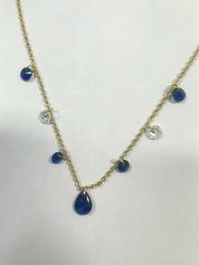 Shescity 1pc Cool-Tone Sparkling Layered Plain Chain Blue Bubble Rhinestone Necklace, High-End Neck Jewelry - Gold - View 7