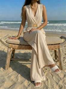 Summer Minimal Women's Wide Leg One Piece Jumpsuit,Gold Buckle Elastic Waist Sleeveless V-Neck For Wedding,Daily,Office,Weekend,Party,Beach,Vacations - Apricot - View 4