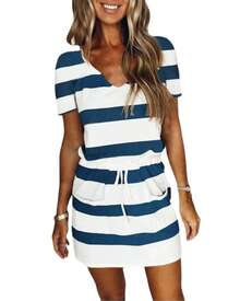 Nuevo Vestido de Verano Europeo y Americano para Mujer, Superventas Transfronterizo, con Cordón Ajustable, Falda Corta y Manga Corta a Rayas - Rosa - Ver 5