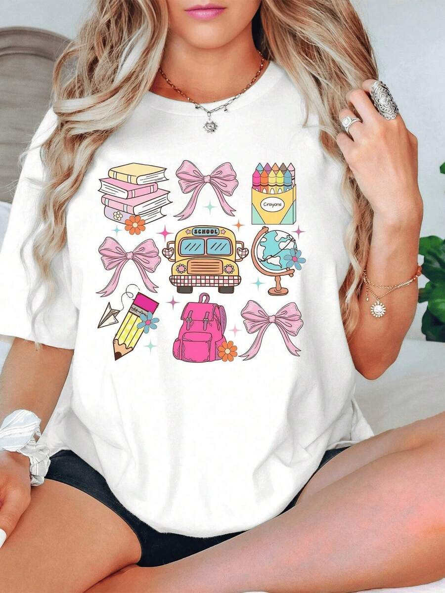 Back To School Graphic Print T-Shirt, School Supplies Design, 1 Piece, Women's Casual T-Shirt, 180g, 100% Cotton, Sweet Style - 白色 - 查看 1