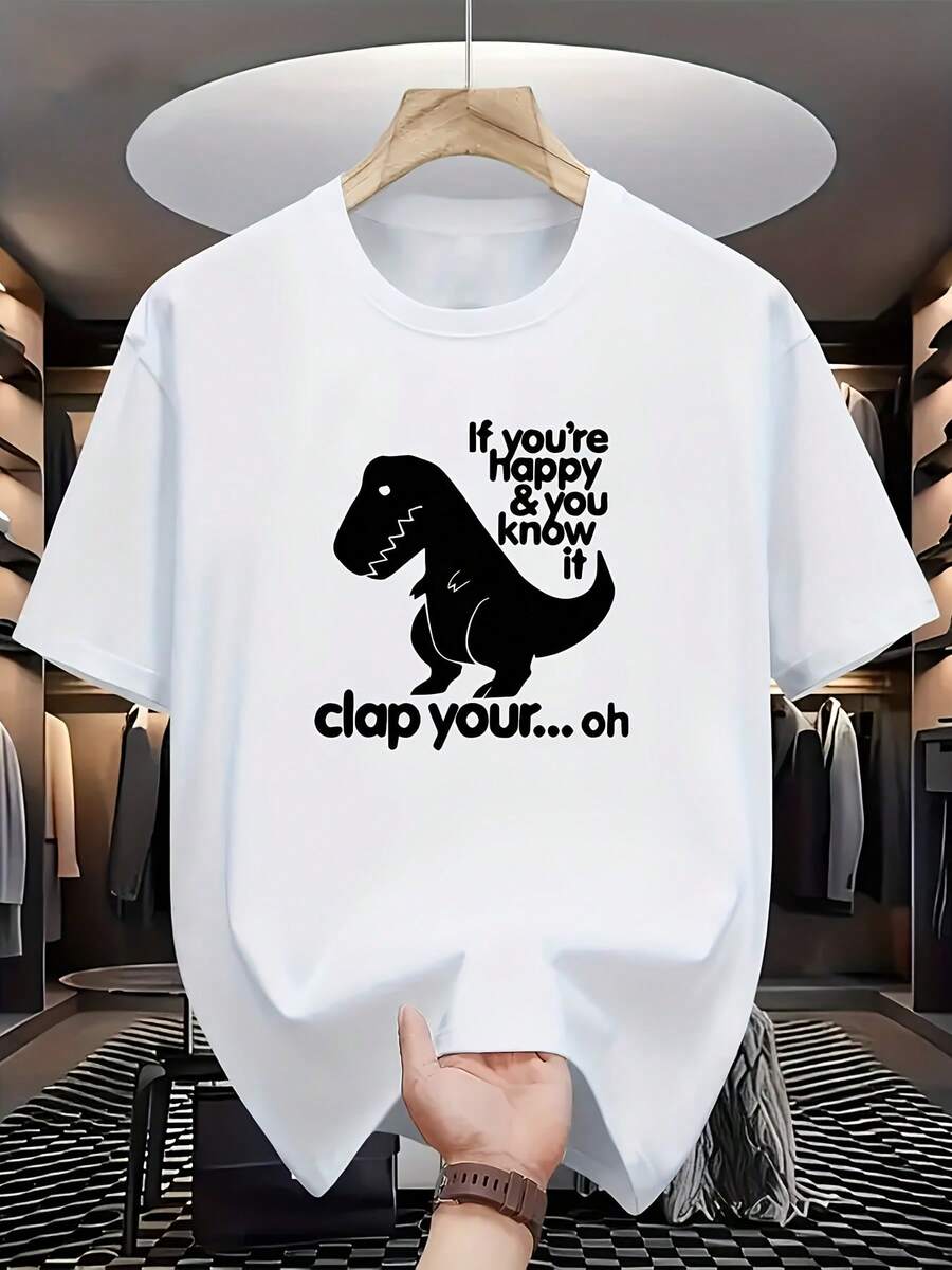 White Short-Sleeved T-Shirt Displayed in a Fashion Cloakroom Scene: Decorated with a Black Cartoon Tyrannosaurus Rex Silhouette And Humorous Text "If - Weiss - Übersicht 1