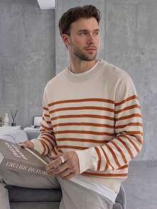 GRDR 1pc Men's Casual Striped Knit Sweater, Autumn/Winter - Burnt Orange - View 7