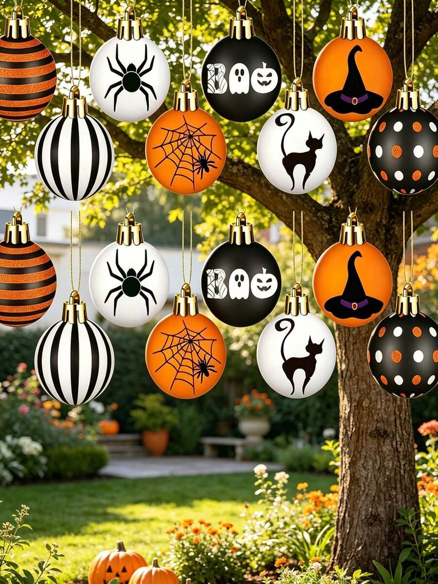 40pcs/Set Halloween Hanging Ball Decorations, Black Orange White Spider Web Witch Hat Black Cat Boo Pumpkin Pattern Spherical Ornaments, Outdoor Garden Tree Decor, Halloween Party Home Front Porch Decoration, Halloween Spherical Pendant Decorative Supplies - Multicolor - View 1