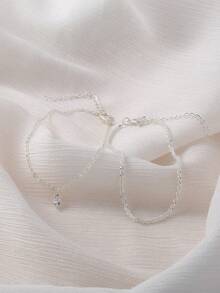 2pcs Valentine's Day Minimalist Heart-Shaped Cubic Zirconia Pendant Sparkling Chain Anklet Set For Women - Silver - View 2