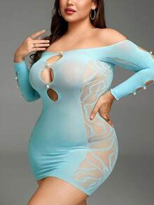 Plus Size Sexy Lingerie For Women, Elegant Lace Mesh Fishnet Jumpsuit, Exotic Dancer Party Wear Fishnet Lingerie, Cow Print Costume - Blue - View 3