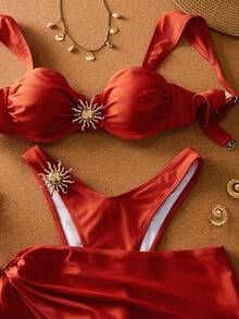 3-Piece Polka Dot Bikini Set, Wide Strap Design With Underwire For Comfortable Support,  Beach Style, Perfect For Summer Beach Vacations And Parties - Red 2 - View 1