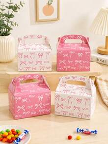 12 Buah Kotak Kado Pesta Motif Pita Merah Muda dan Putih dengan Pegangan, Set Besar untuk Ulang Tahun, Pernikahan, Acara Baby Shower, Kotak Hadiah Permen dan Makanan Penutup - Kotak Hadiah Pita - View 2
