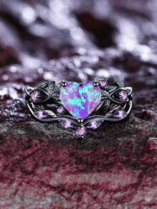 2pcs/Set, Vintage Purple Heart-Shaped Cut Synthetic Opal & Leaf Design Gunmetal Black Ring Set, Suitable For Holiday Party & Daily Wear, All Seasons - Purple - View 7