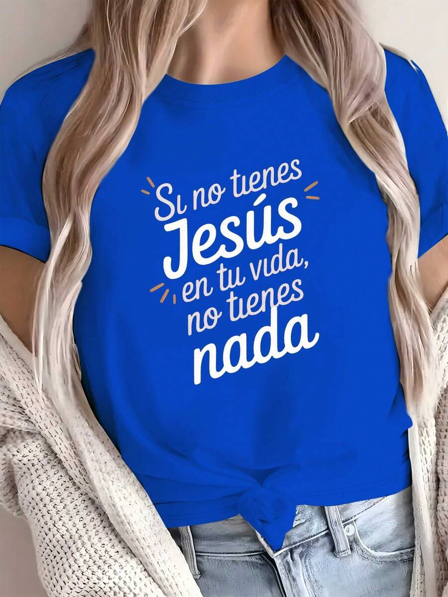 Breathable Women's T-Shirt With A Quote From Jesus In Spanish - "Jesus Is My Life" Faith Clothing, Soft Pure Cotton, Short Sleeve, Casual Style, With Bible Verse, L, 100% Cotton, Blouses For Women - 藍色 - 查看 1
