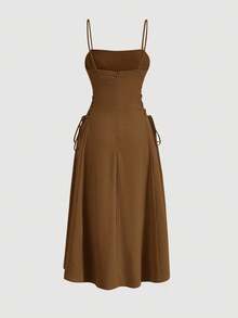 MOD Long Red Evening Dress With Pleats At The Bust And Lacing At The Sides, Summer Dresses For Women - Coklat - View 1