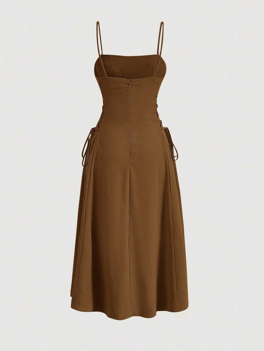 MOD Long Red Evening Dress With Pleats At The Bust And Lacing At The Sides, Summer Dresses For Women - Coklat - View 1