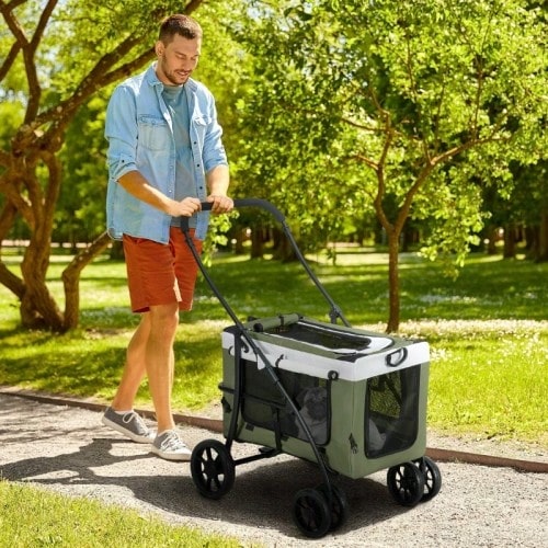 2-In-1 Foldable Stroller/Bumper For Dogs And Cats Up To 10 Kg, Cat Stroller With Cushion, Mesh Windows And Doors, Storage Basket, Dark Green. - Green - View 1