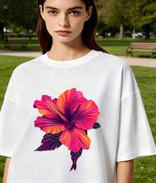 Vibrant Gradient Hibiscus Tropical Floral Watercolor Graphic Oversized Crew Neck Short Sleeve Women's T-Shirt Summer Beach Vacation Casual Wear Perfect Gift For Tropical Flower Nature Lovers - 白色 - 查看 1