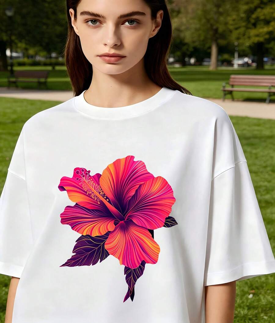 Vibrant Gradient Hibiscus Tropical Floral Watercolor Graphic Oversized Crew Neck Short Sleeve Women's T-Shirt Summer Beach Vacation Casual Wear Perfect Gift For Tropical Flower Nature Lovers - 白色 - 查看 1