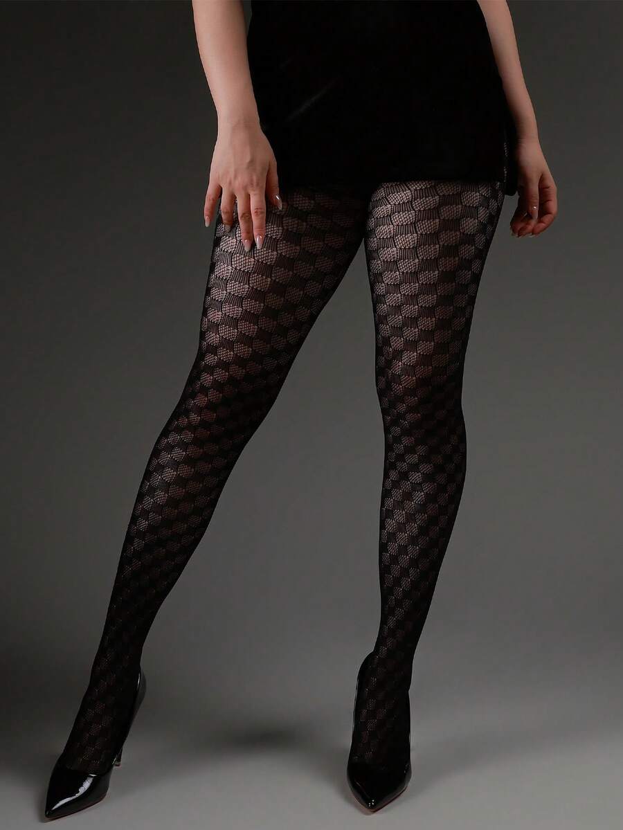 1pc Sexy Elastic Tight Leggings, Vintage Checkerboard Jacquard Hollow Fishnet Tights, Spring/Summer Thin Women's Y2K Millennium Style Pantyhose, Halloween Costume Fashion Versatile Black Stockings, Suitable For Home, Office, Travel, Vacation Wear - Black - View 1