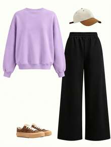 2pcs/Set Girls Coquette Style Outfit, 67 Cute Bow & Number Print Sweatshirt + Wide Leg Cuffed Sweatpants, Soft Spring Streetwear - Mauve Purple - View 3
