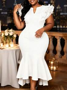 AOMEI Plus Size Women Elegant White Slim Fit Mermaid Dress,V-Neck Short Mesh Layered Ruffle Sleeve,Wedding Guest Gown,Birthday Party Anniversary - White - View 4